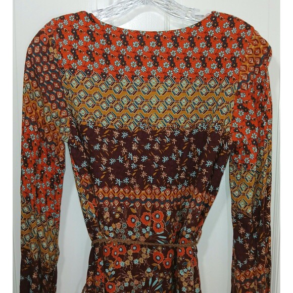 Forever 21 Southwestern XS Boho Floral Paisley Print Mini Dress Tassel Tie Brown - Picture 9 of 13